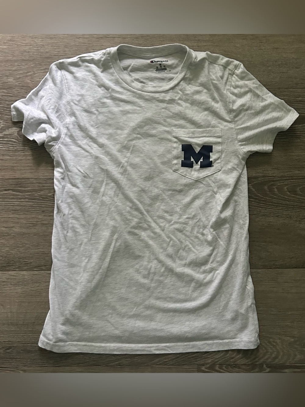 Champion White Short-Sleeve Pocket Tee with Navy 'M' Patch
